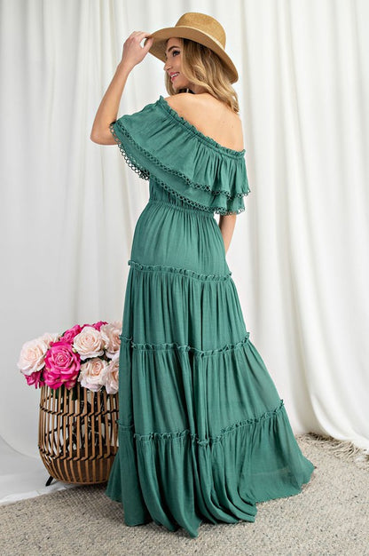 OFF THE SHOULDER RUFFLE MAXI DRESS