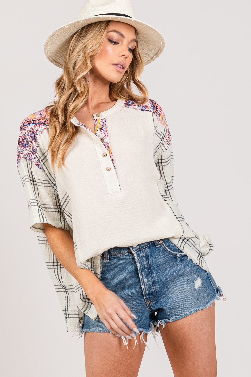 SAGE + FIG Plaid Half Button Gauze Top