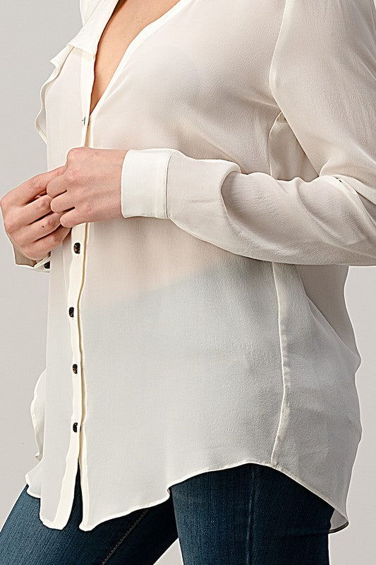 Ruffled Neck Button Front Shirts With Long Sleeves