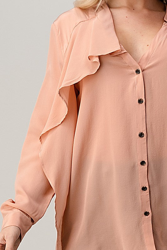 Ruffled Neck Button Front Shirts With Long Sleeves