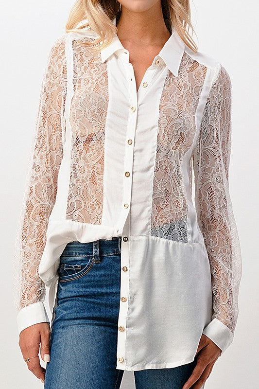 Silk Lace Panel Tunic Shirt Top