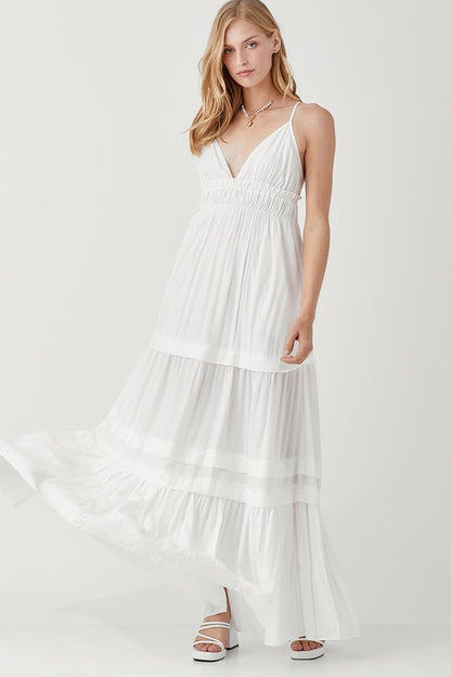 SHIRRED RUFFLE FOLDED DETAIL MAXI DRESS