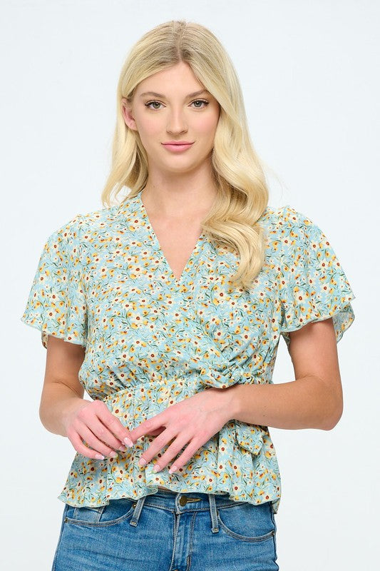 Ditsy floral surplice flutter sleeve top