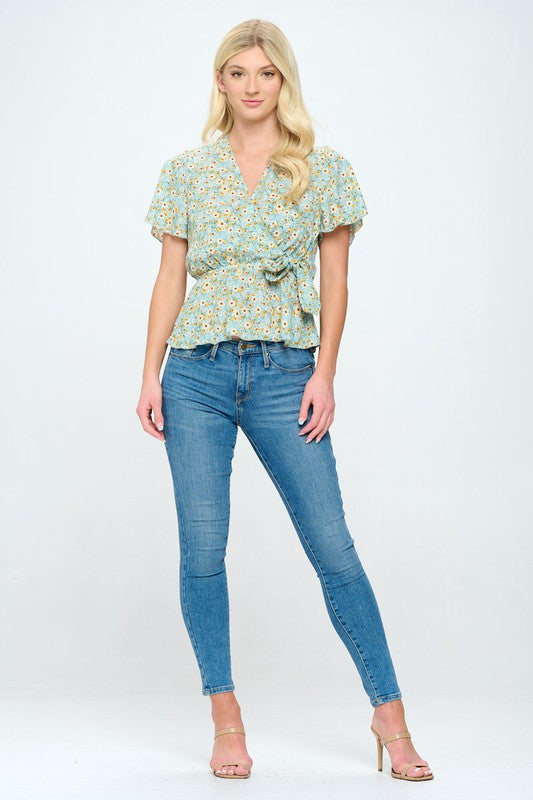 Ditsy floral surplice flutter sleeve top