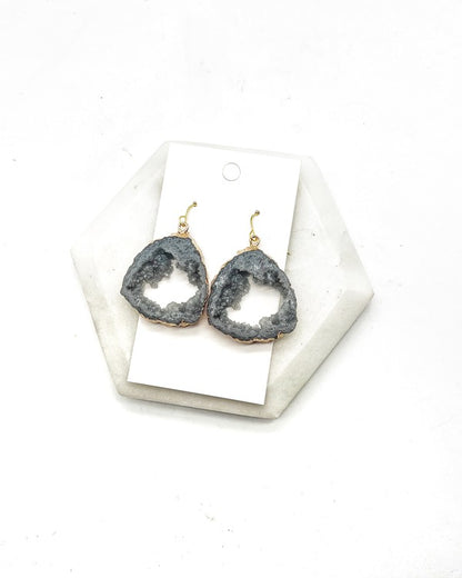 Grey Gray Agate Slice Resin Statement Earrings