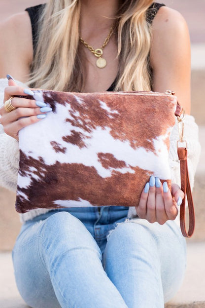 Faux Fur Cow Animal Print Clutch