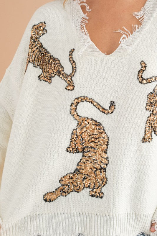 Frayed Edge Sequin Tiger Sweater